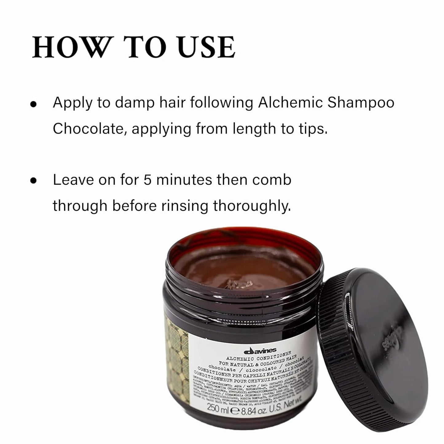 Davines Alchemic Conditioner Chocolate Jar of hair product with open lid and instructions on how to use it.