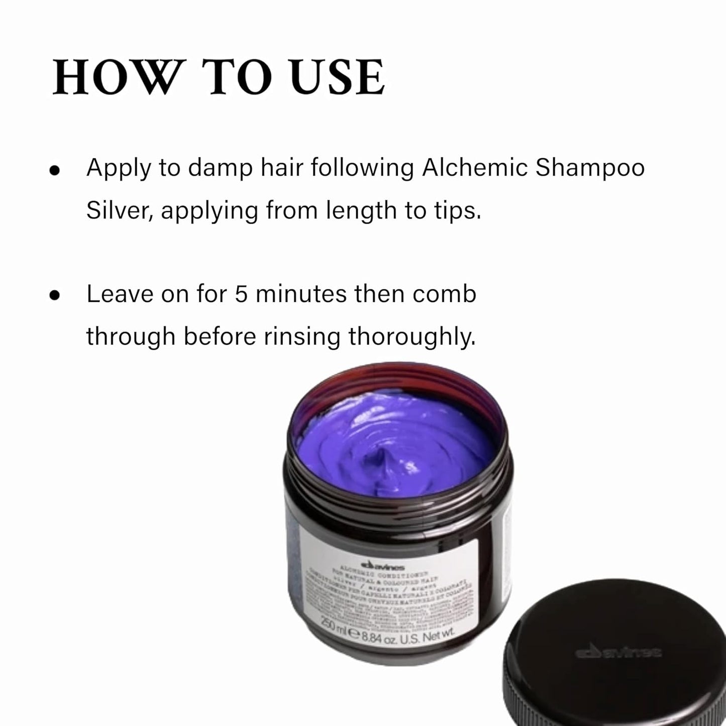 Davines Alchemic Conditioner Silver Purple hair product jar with application instructions on a white background