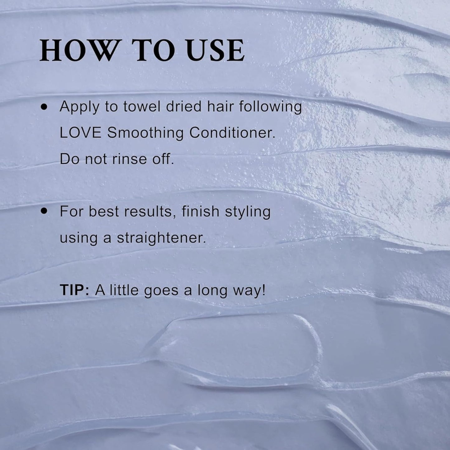 Davines LOVE Hair Smoother - How To Use. Text instructions for using a hair product with a textured background