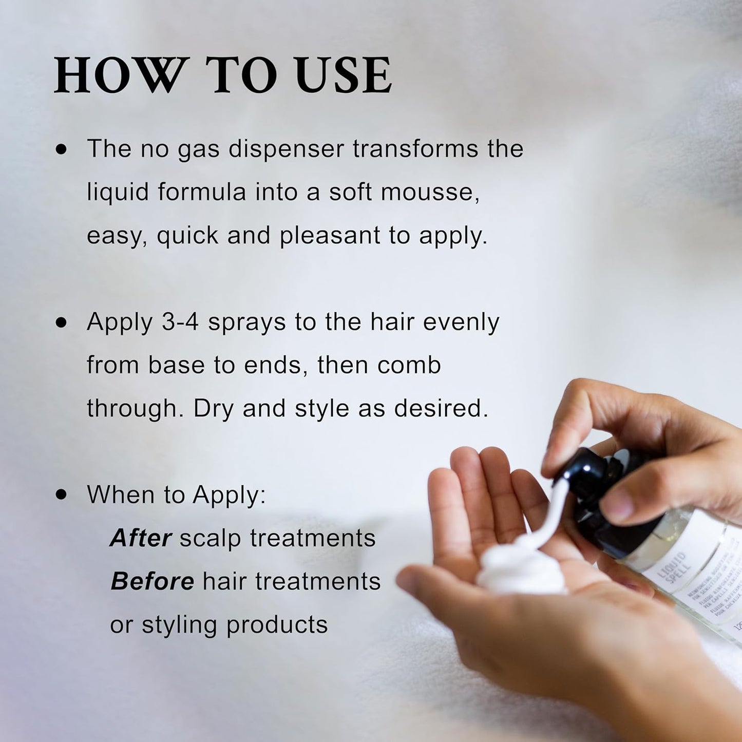 Davines Liquid Spell How To Use. Hand holding a no gas dispenser with text on how to use it