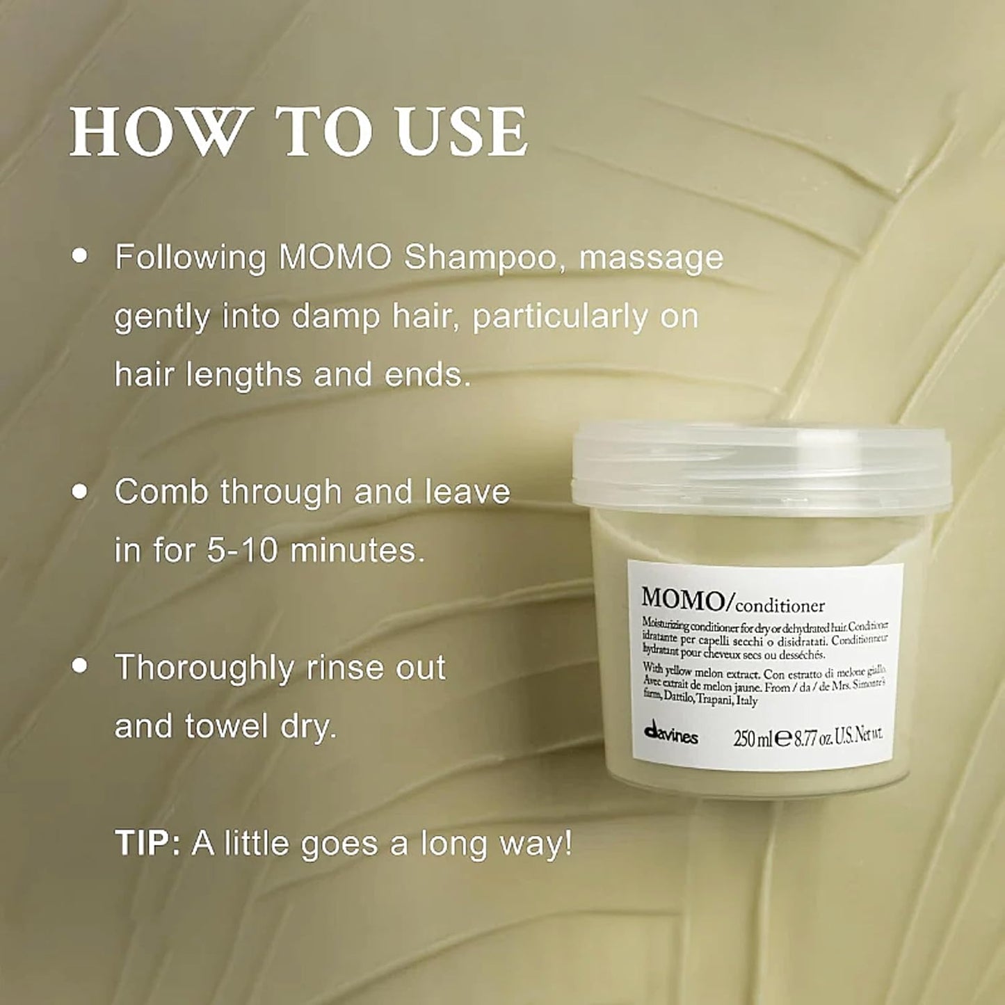 DAVINCI Momo conditioner jar with usage instructions on a beige background