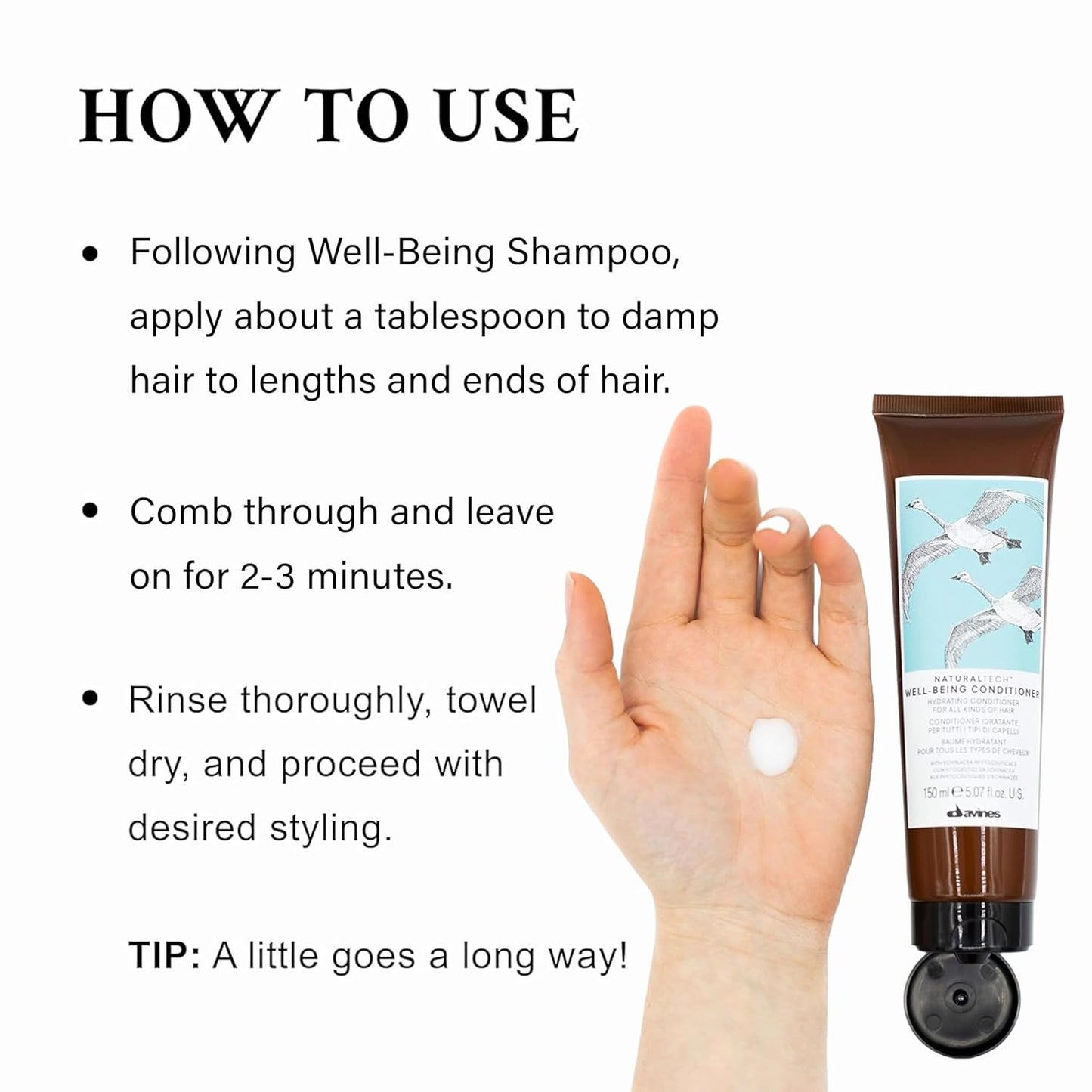 Davines Naturaltech Well-Being Conditioner. Hair care product with application instructions and a hand holding a small amount of product.