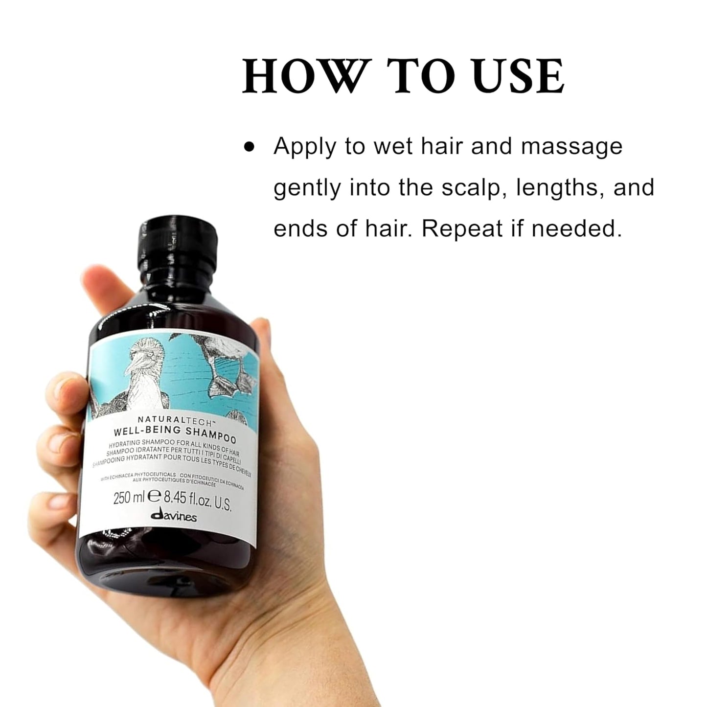 Davines Naturaltech Well-Being Shampoo. Hand holding a bottle of Davines shampoo with usage instructions on a white background