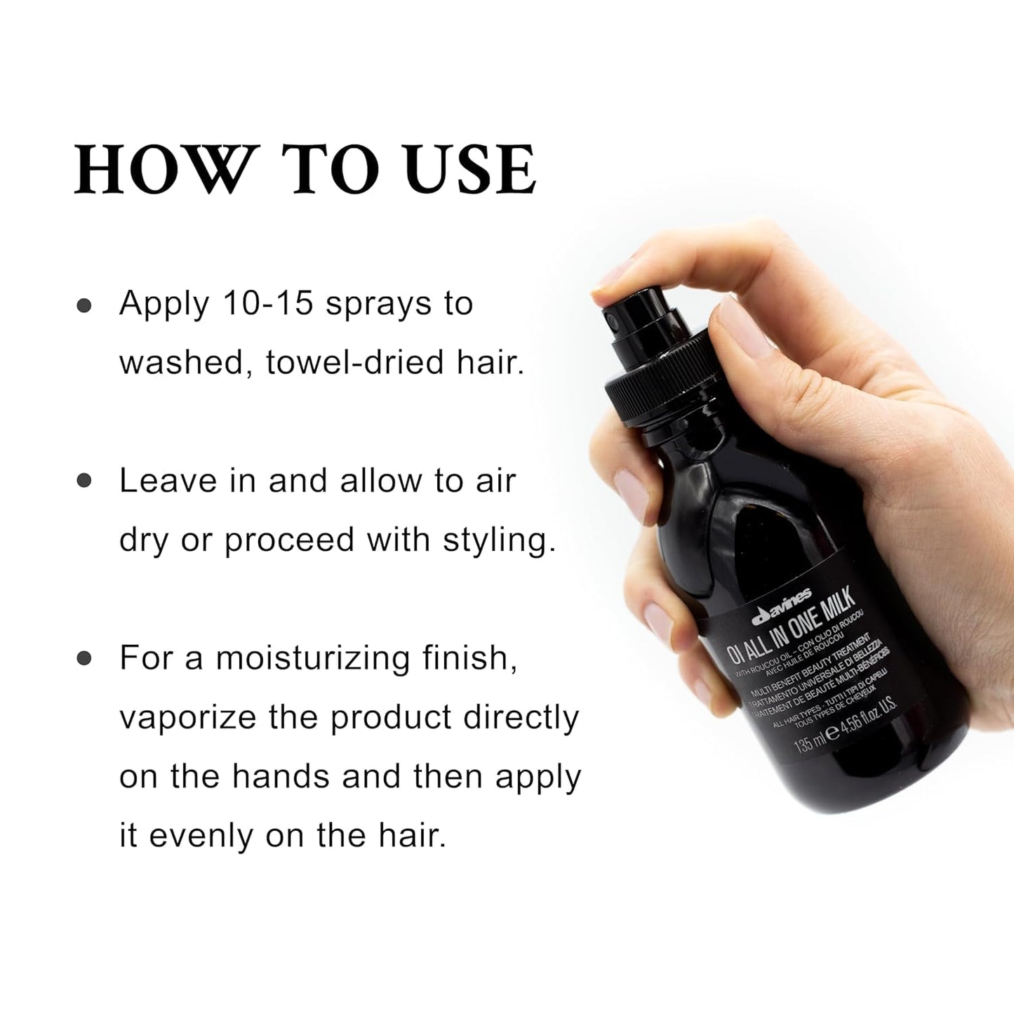 Davines OI All In One Milk. Hand holding a black spray bottle with usage instructions on a white background