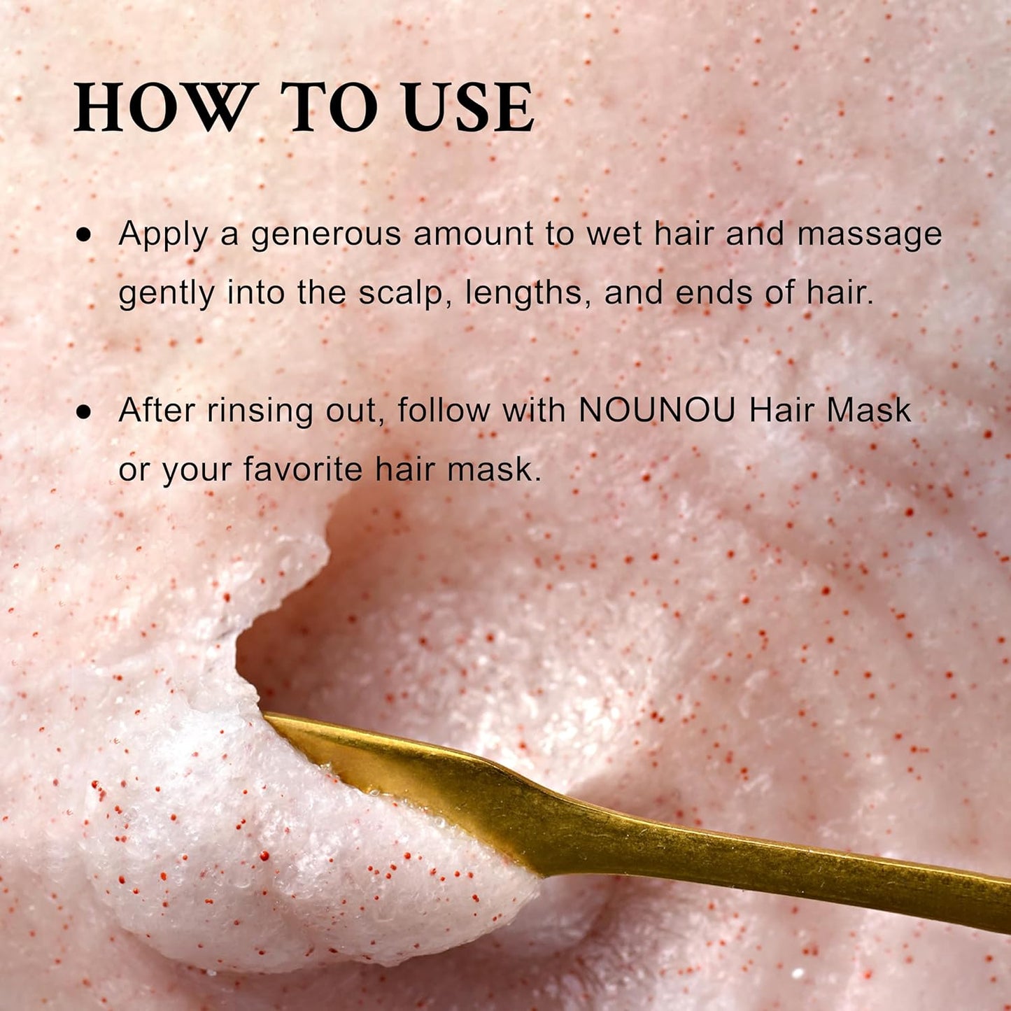 Davines SOLU Sea Salt Scrub Cleanser. Pink hair mask with a gold spoon and text on how to use it, featuring the brand 'NOUNOU'.