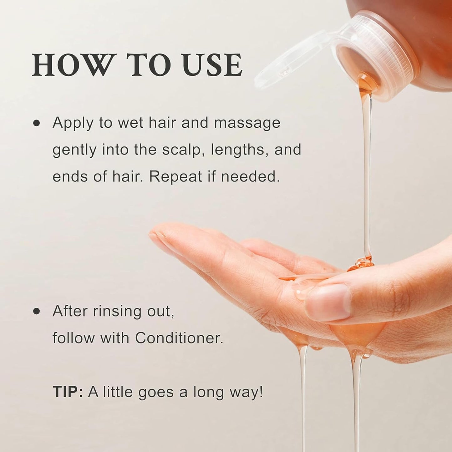 Davines SOLU Shampoo. Hand holding a bottle with liquid being poured, text on how to use hair product.