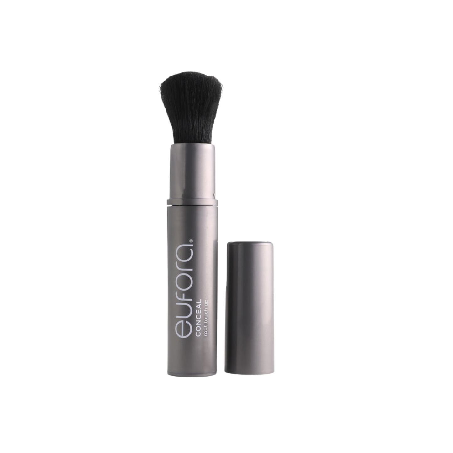 Eufora Conceal Dark Brown. Eufora makeup brush with black bristle head on a white background