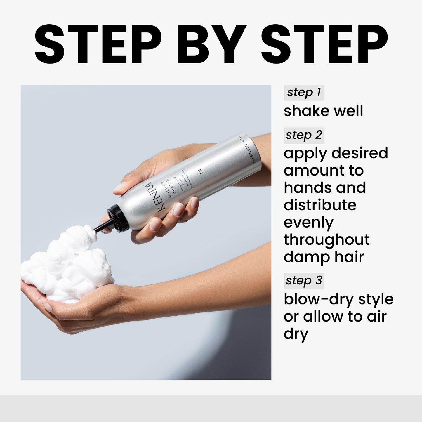 Kenra Volume Mousse - Step-by-step guide for using a hair product with a bottle and foam, on a light gray background.