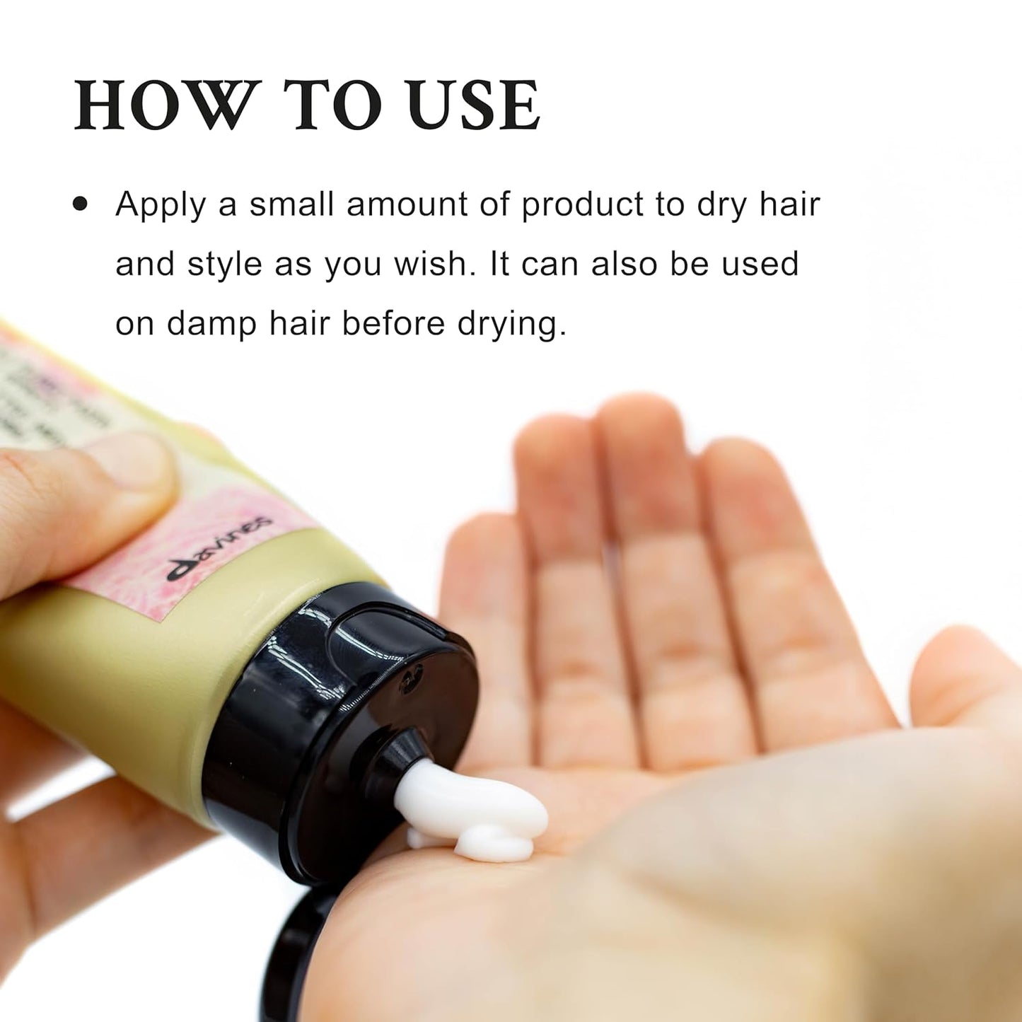 Davines This Is A Medium Hold Pliable Paste. Hand applying hair product to palm with text on how to use