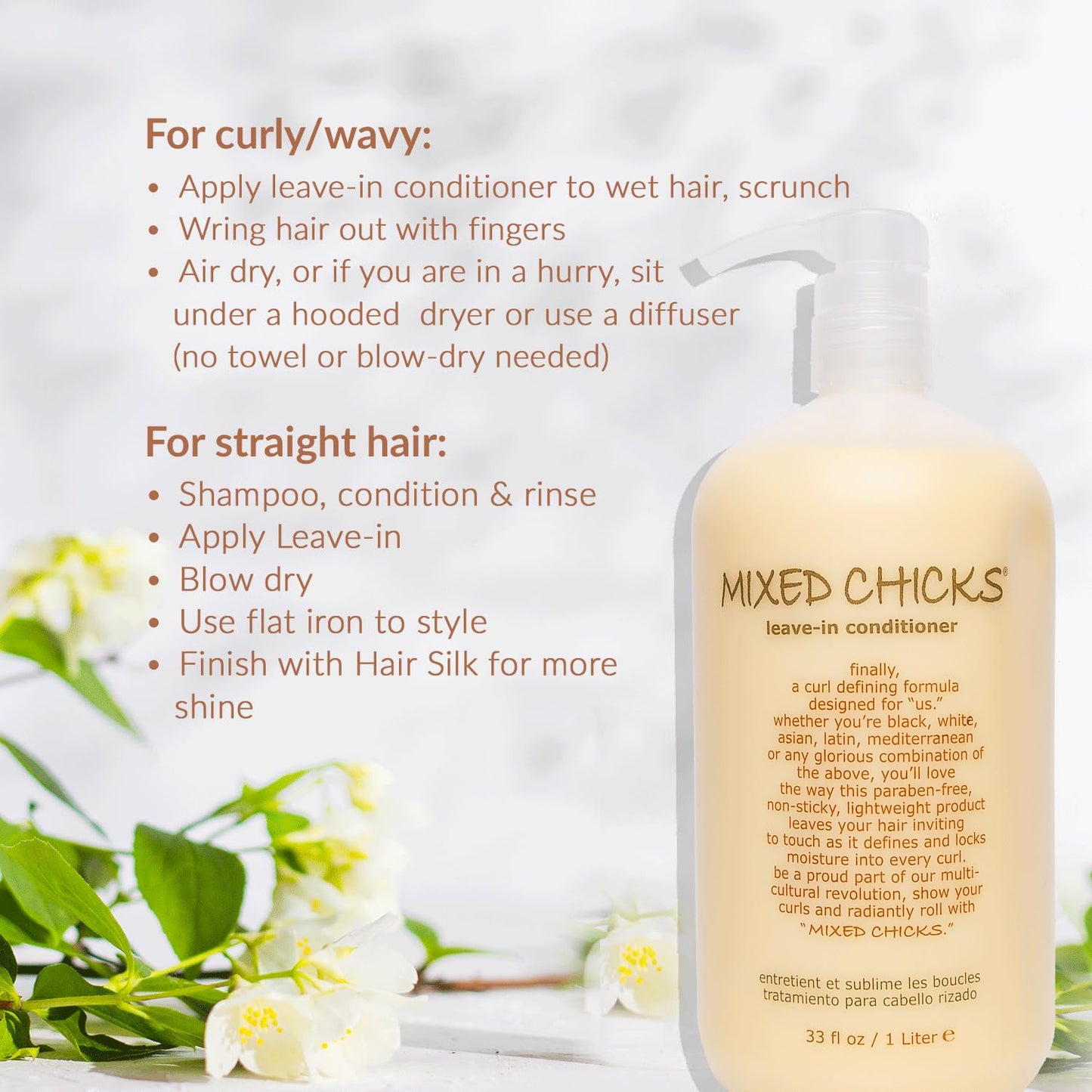 Bottle of 'Mixed Chicks' leave-in conditioner with usage instructions on a white background