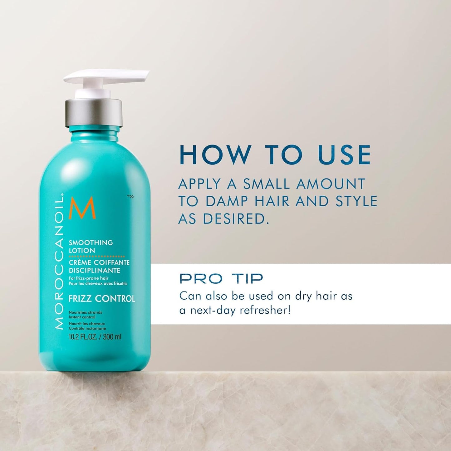 Moroccan Oil Smoothing Lotion. Moroccanoil hair product bottle with usage instructions on a neutral background