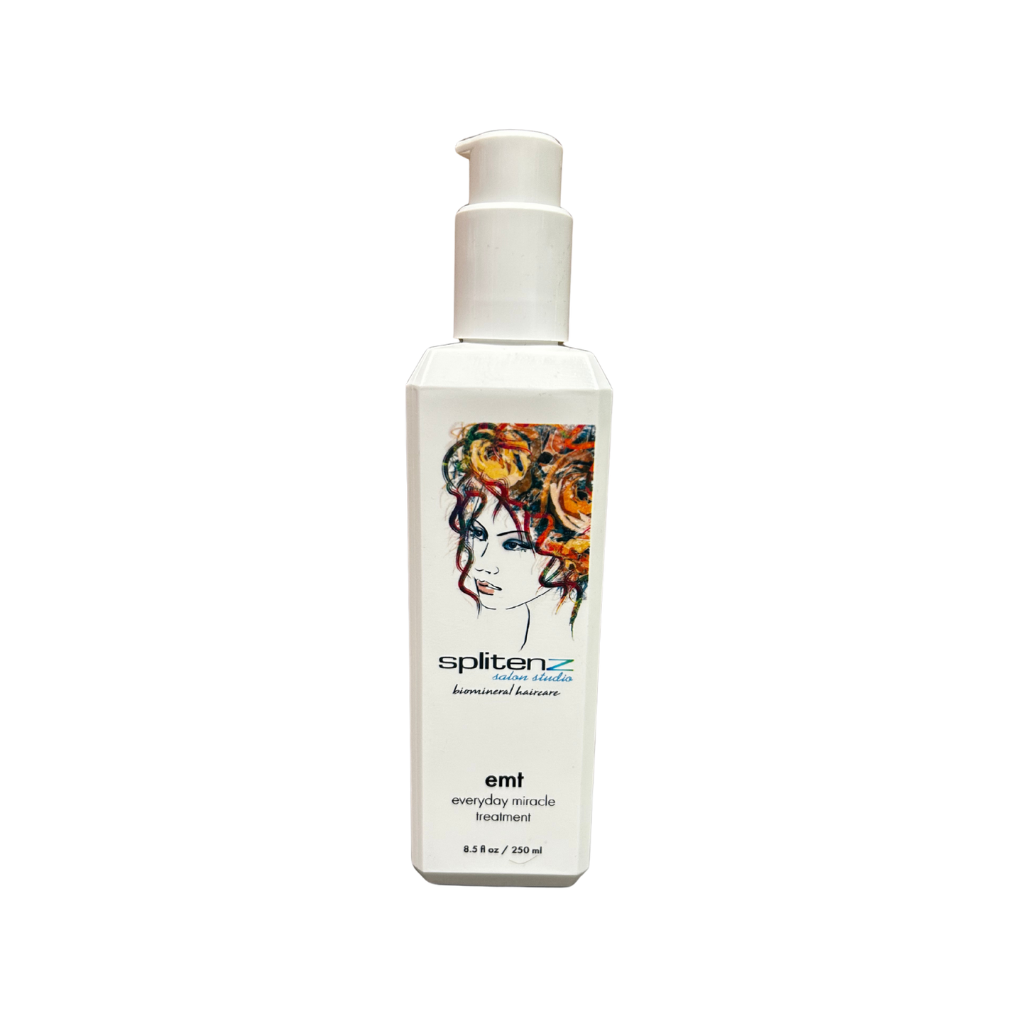 Splitenz emt hair care product bottle with a colorful hair illustration on a white background