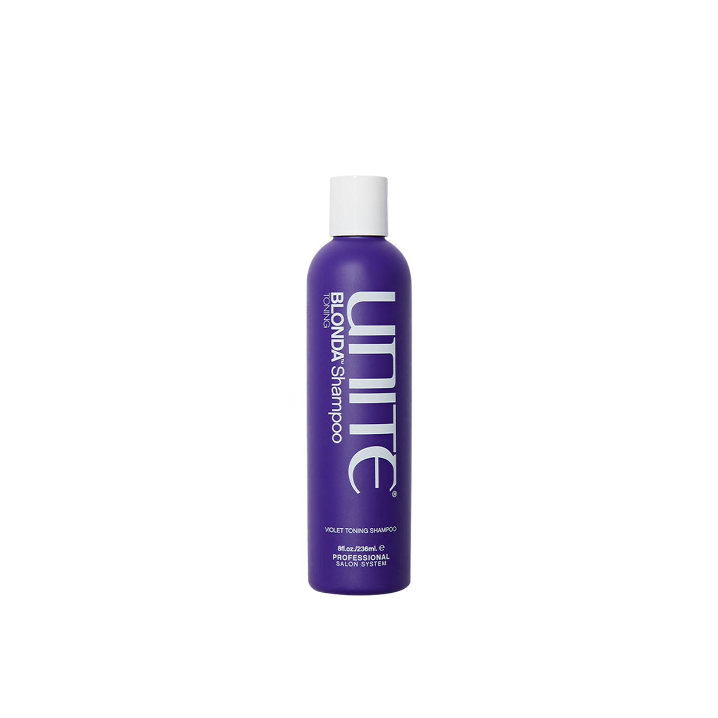 Unite Blonda Shampoo. Purple shampoo bottle with white cap on a white background