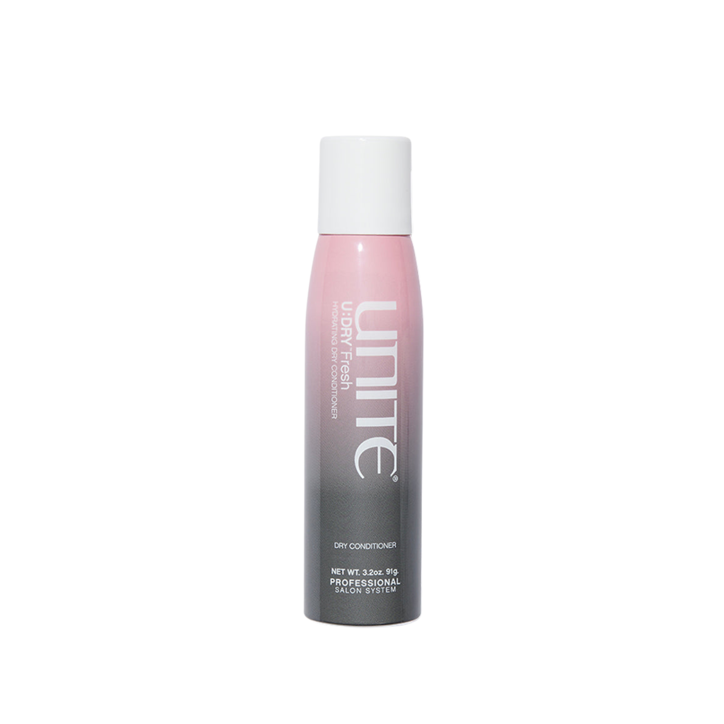 Unite U:Dry Fresh. Unite dry conditioner bottle with pink gradient on a white background