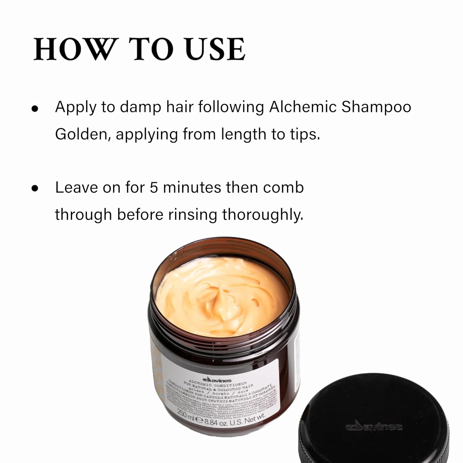 Davines Alchemic Conditioner Golden Hair product jar with application instructions on a white background
