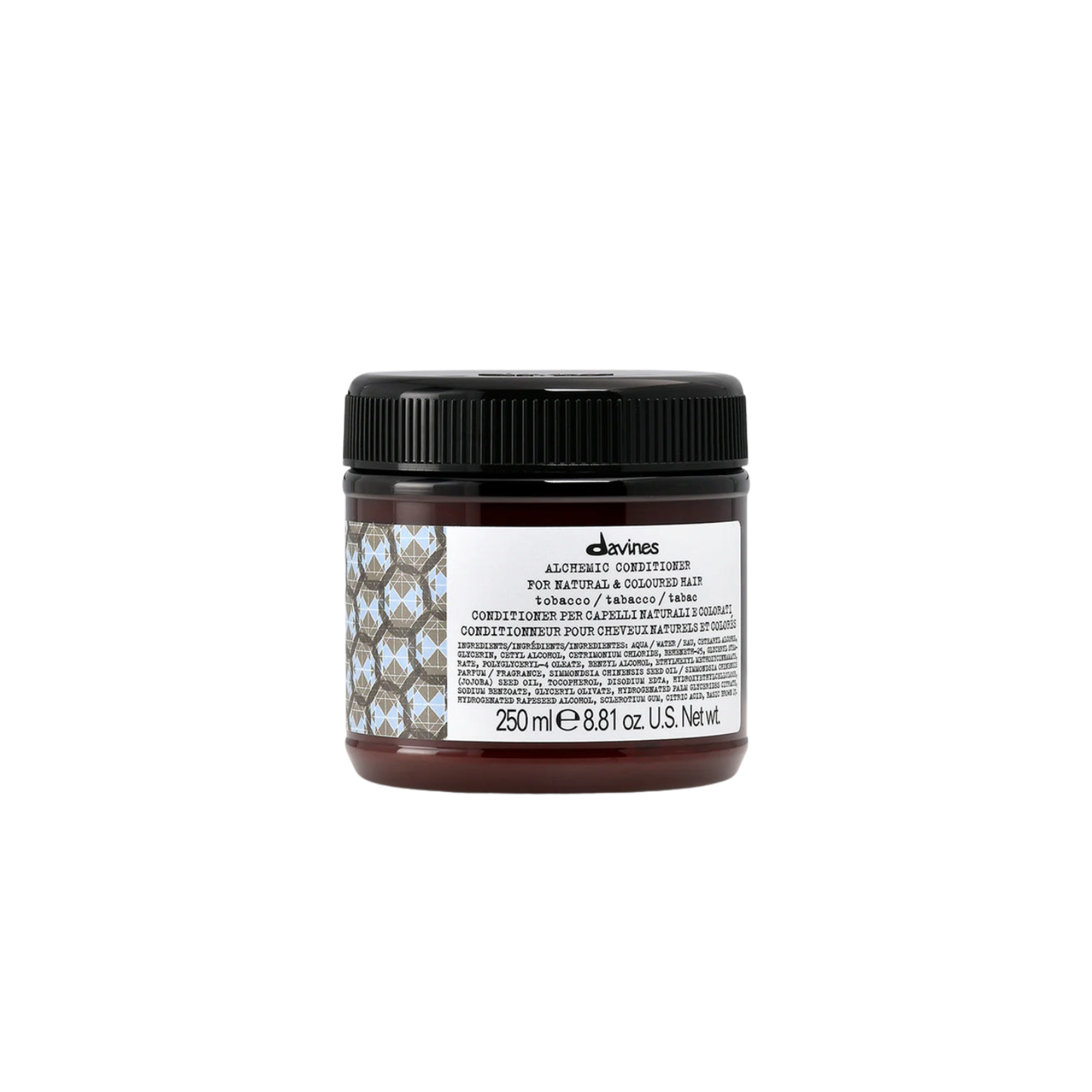 Davines Alchemic Conditioner Tobacco. Jar of Davines hair product on a white background