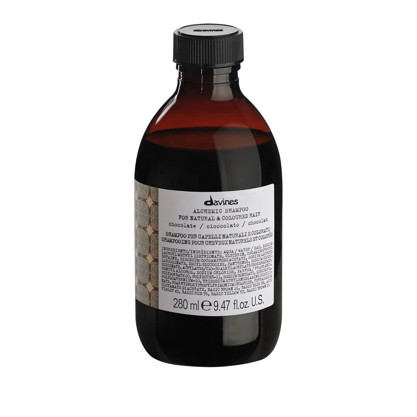 Davines Alchemic Shampoo Chocolate with a black cap on a white background
