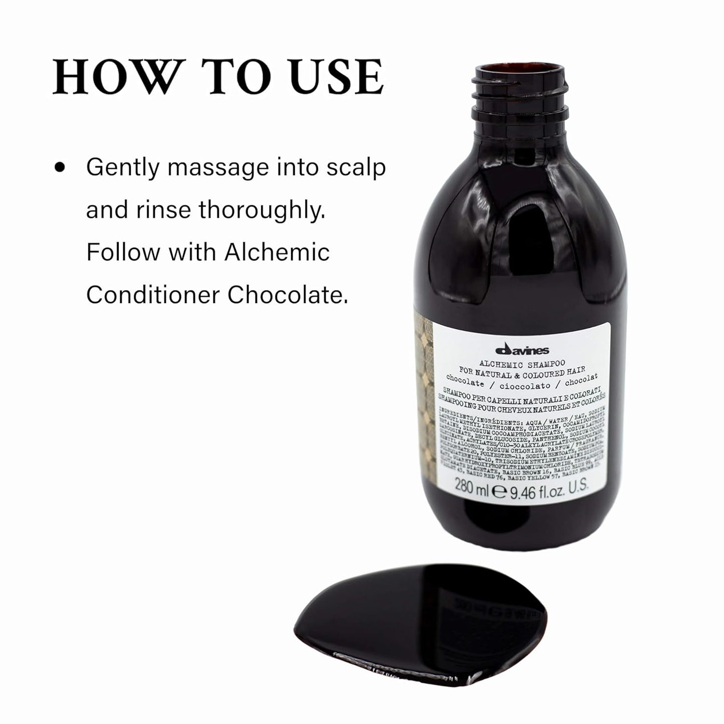 Davines Alchemic Shampoo Chocolate. Bottle of Davines hair product with instructions on how to use it.