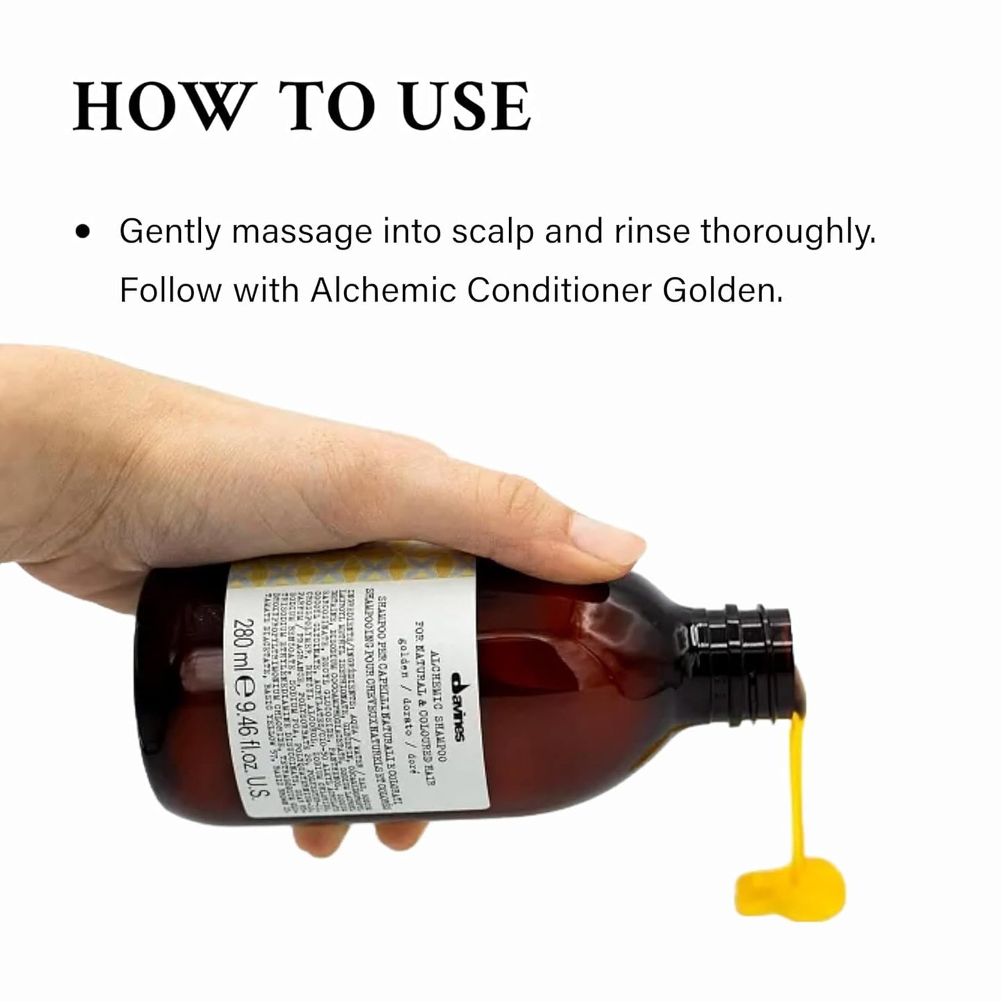 Davines Alchemic Shampoo Golden. Bottle of hair product with yellow liquid being poured, labeled 'How to Use' on a white background.