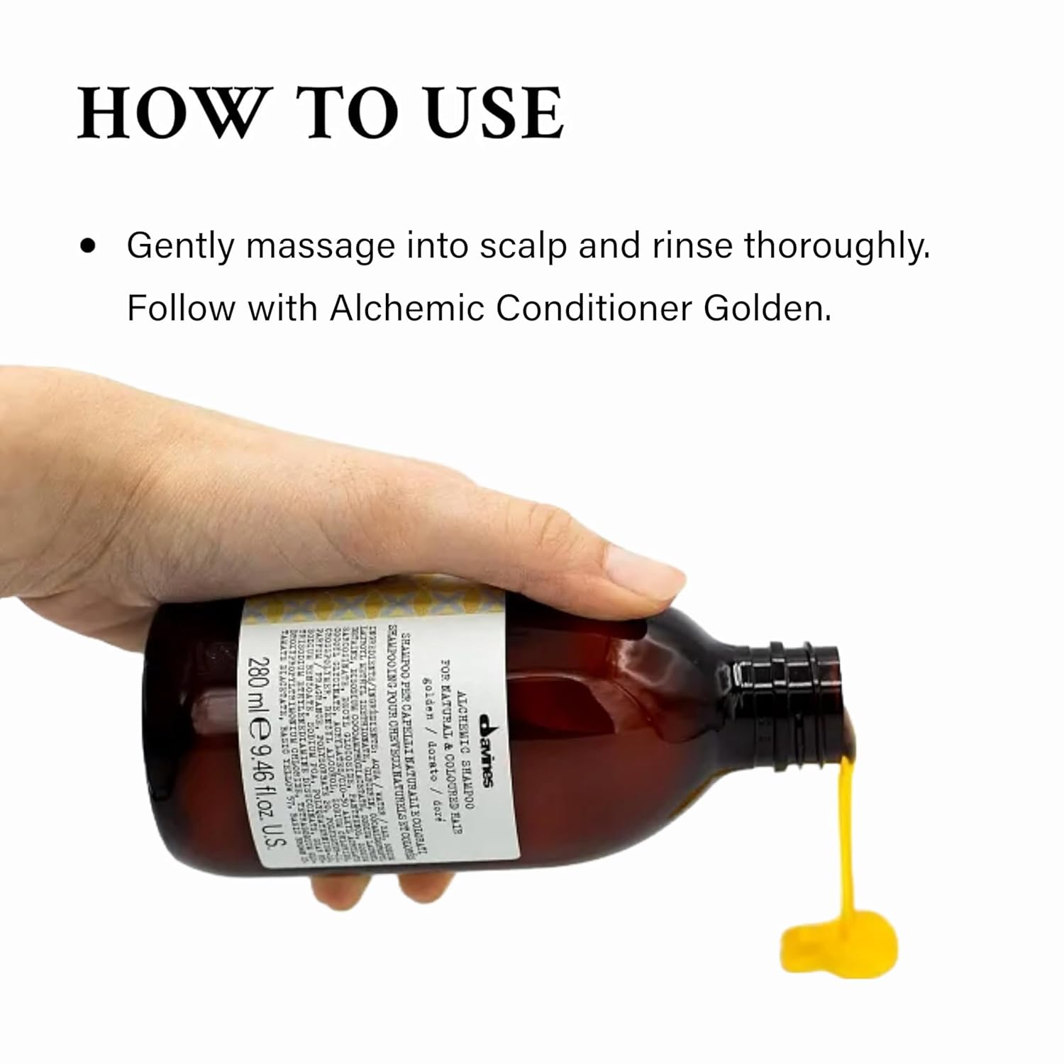 Davines Alchemic Shampoo Golden. Bottle of hair product with yellow liquid being poured, labeled 'How to Use' on a white background.
