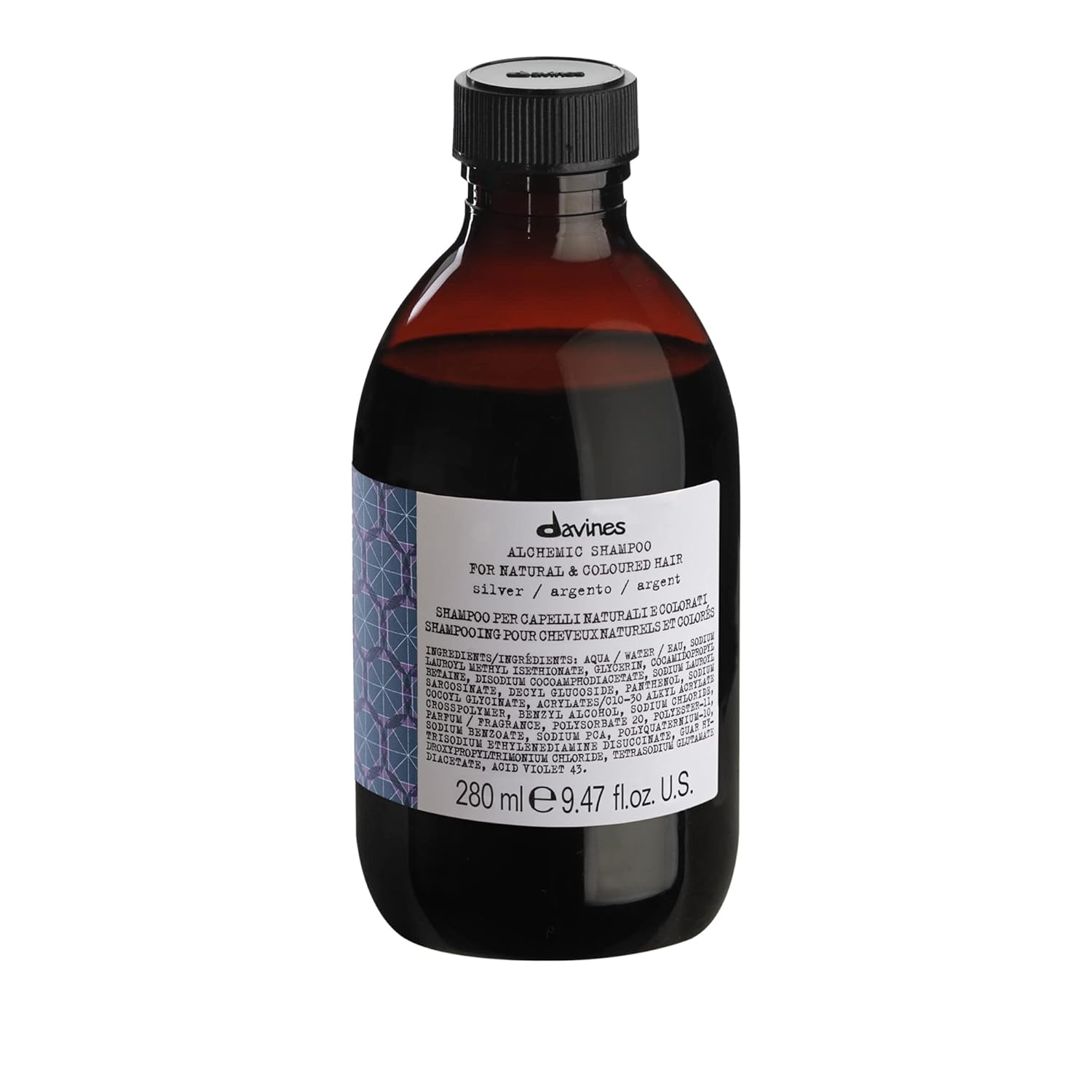 Davine Alchemic Shampoo Silver. Bottle of Davines shampoo with a black cap on a white background