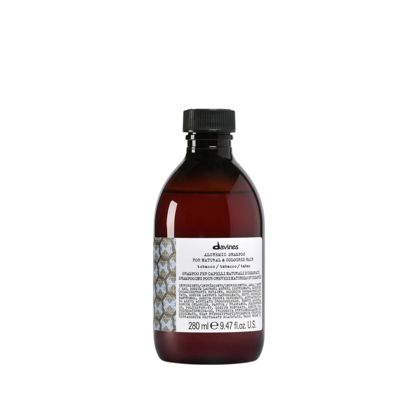 Davines Alchemic Shampoo Tobbaco. Brown bottle with a label on a white background