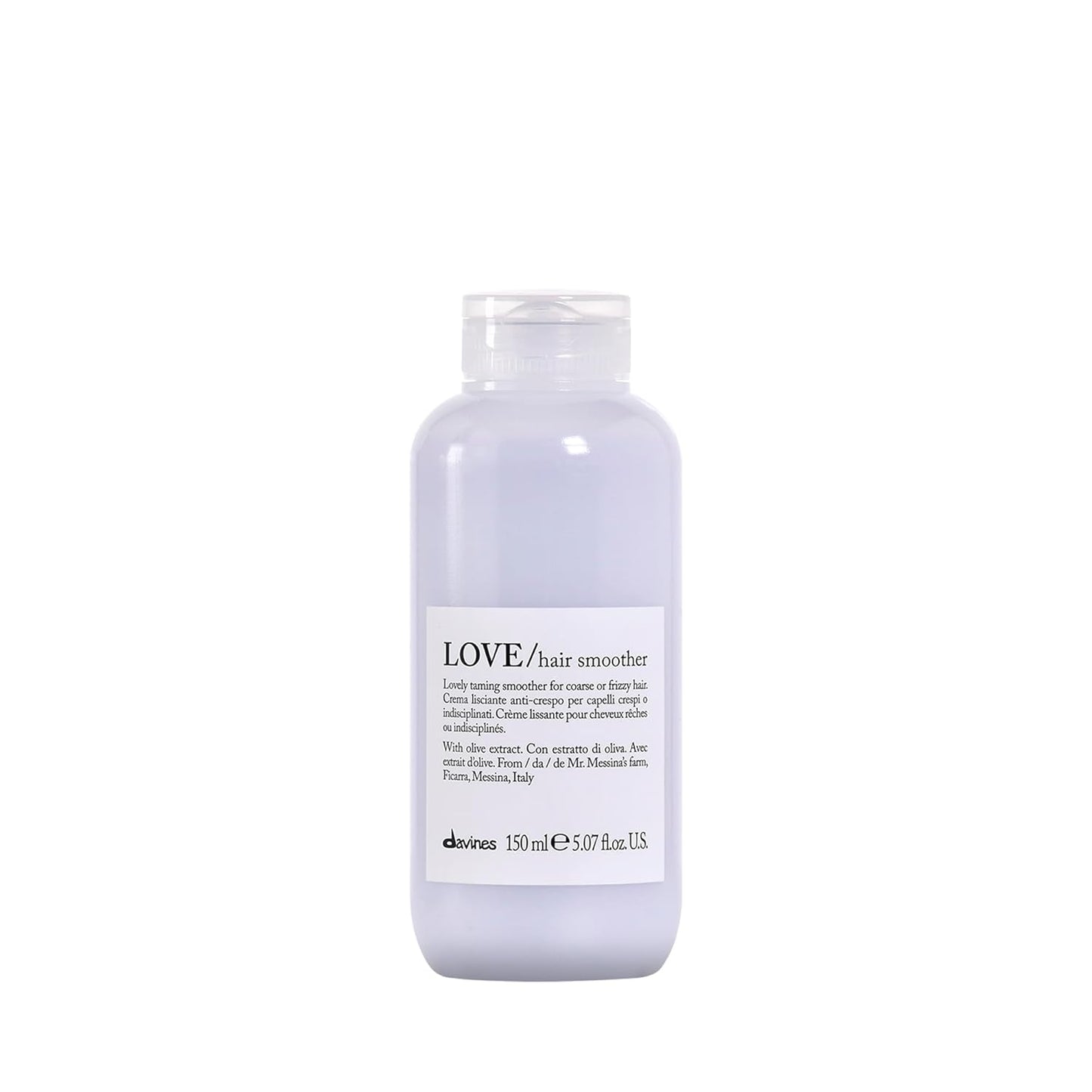 Bottle of Davines LOVE hair smoother on a white background