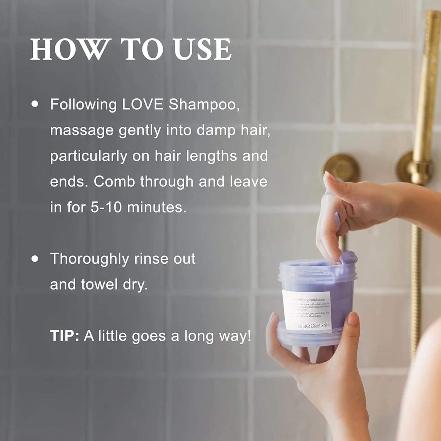 Davines LOVE Smoothing Conditioner - How To Use. Hand holding a purple container with text on how to use it, set against a tiled bathroom background.