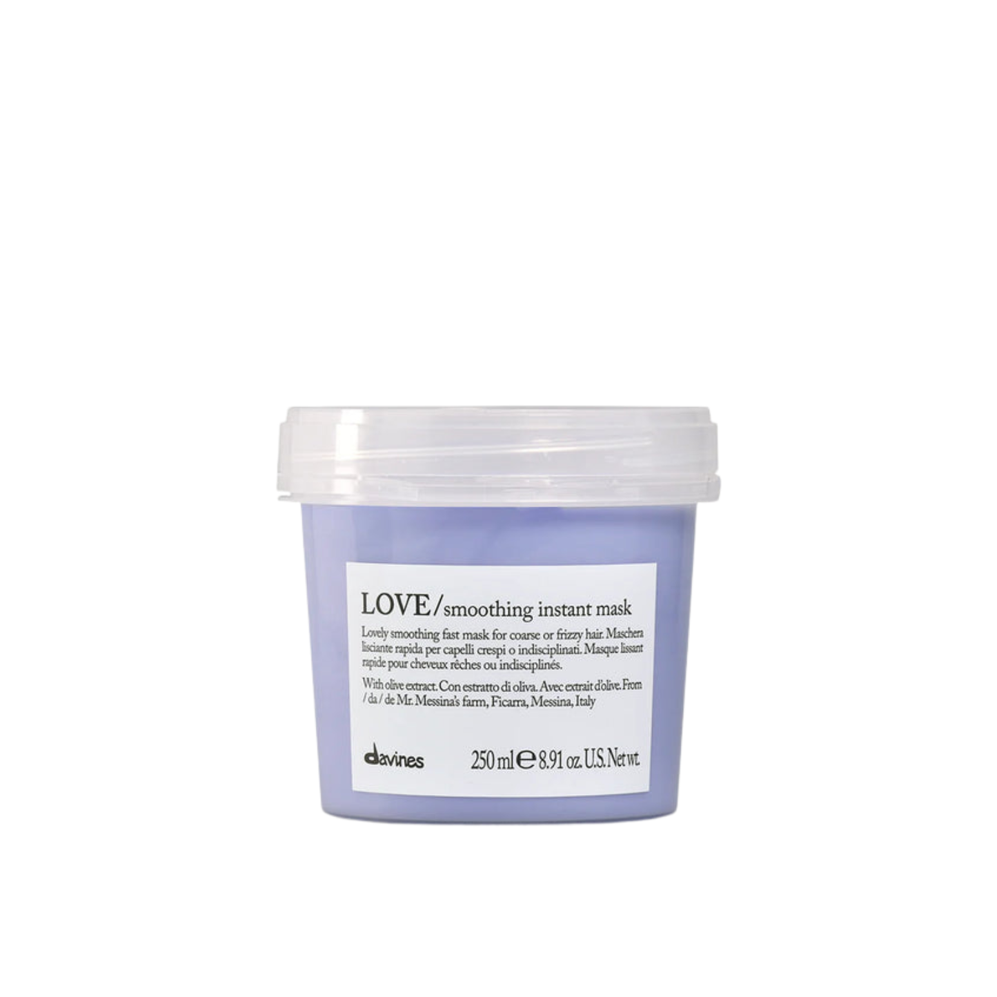 Davines LOVE Smoothing Instant Mask. Purple hair mask container with white label on a white background