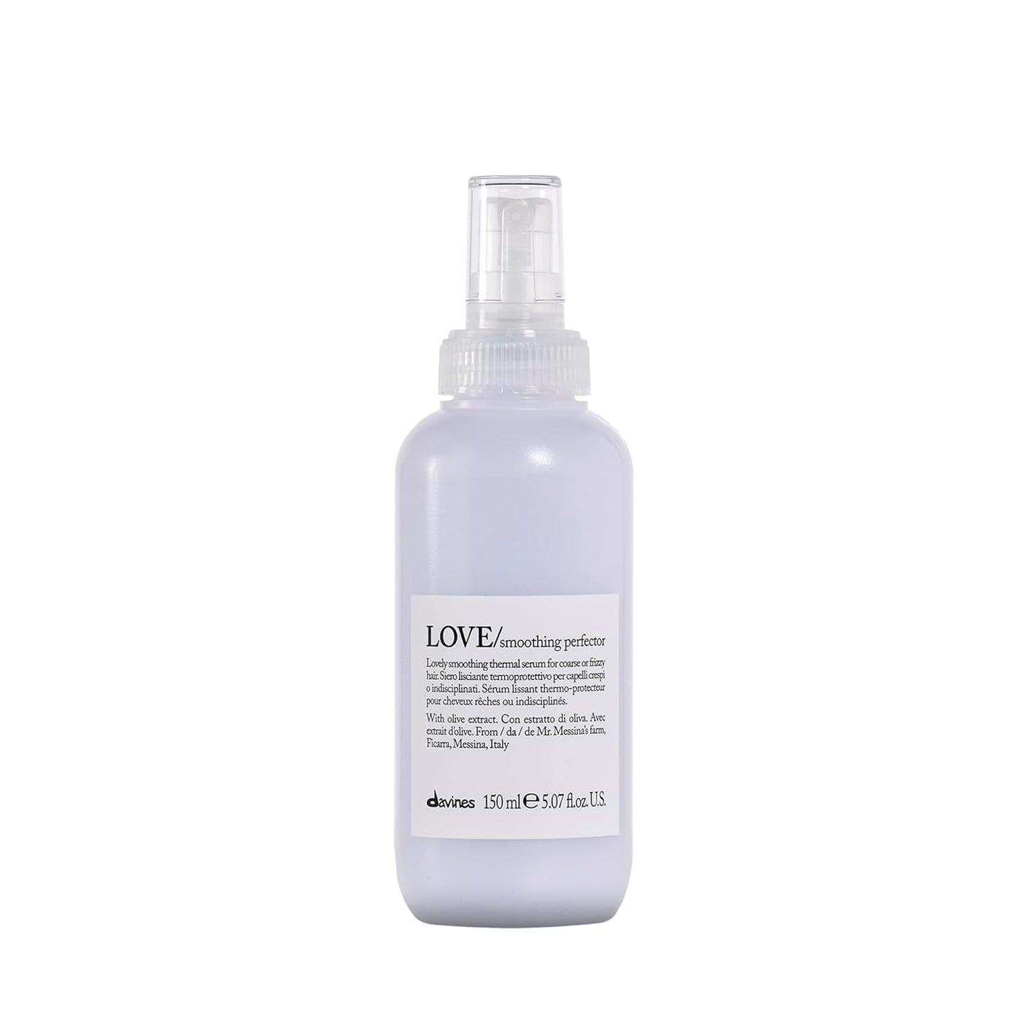 Davines LOVE Smoothing Prefector. Spray bottle labeled 'LOVE' on a white background