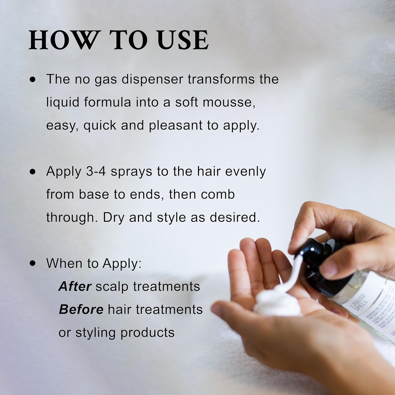 Davines Liquid Spell How To Use. Hand holding a no gas dispenser with text on how to use it