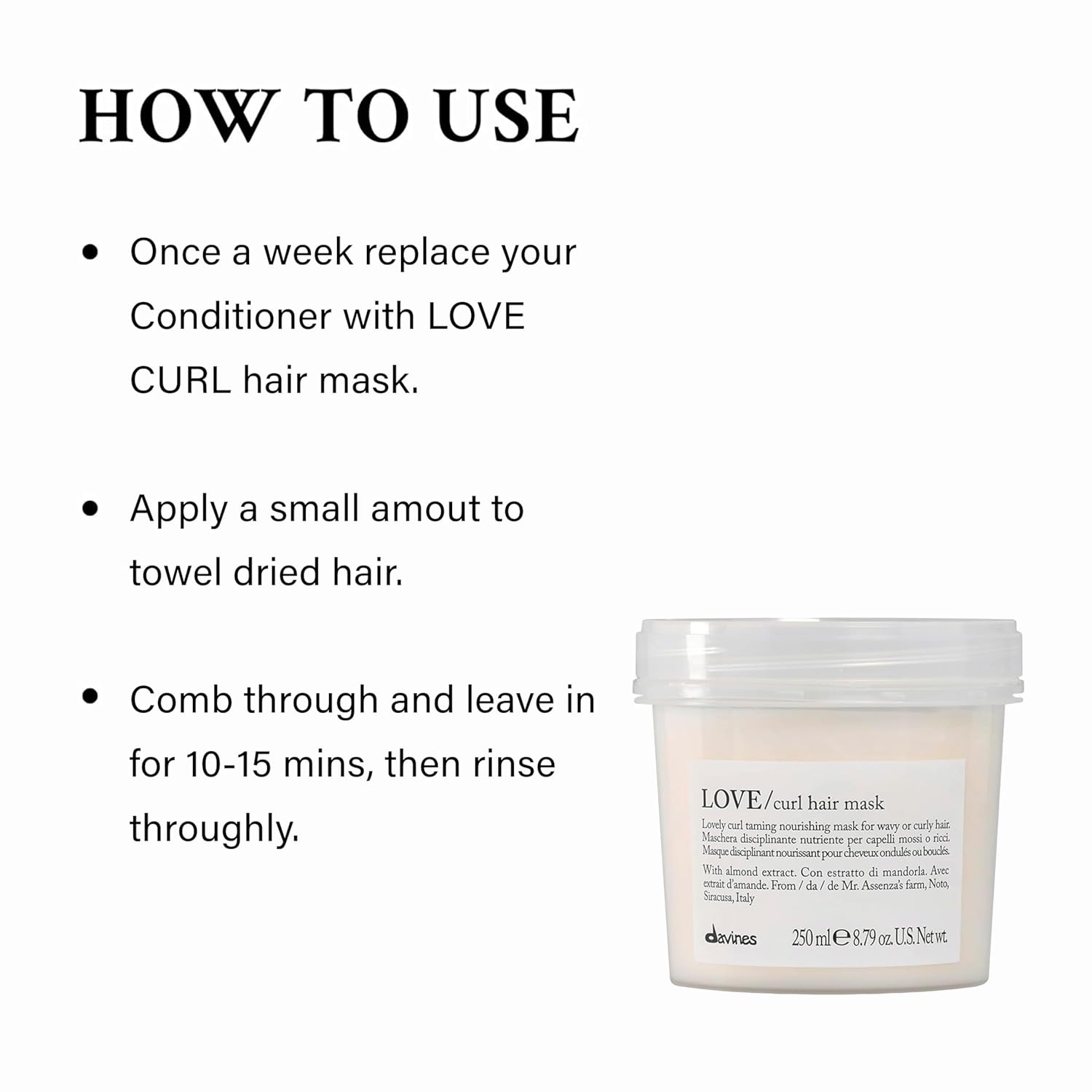 Instructions for using a LOVE CURL hair mask with a container of the product on a white background.