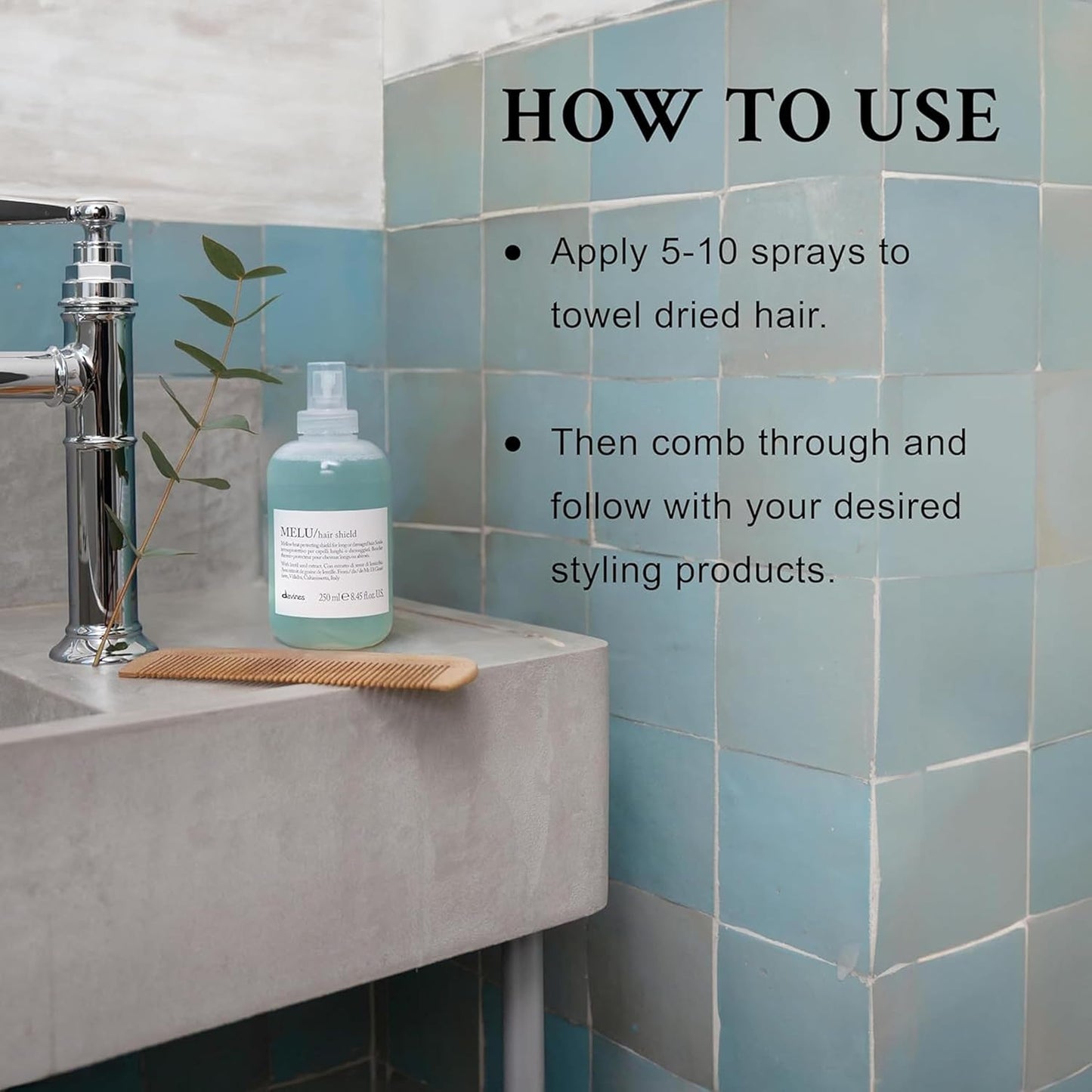 Davines MELU Hair Shield - How To Use. Bottle of hair product on a bathroom counter with tiled wall and text on how to use it.