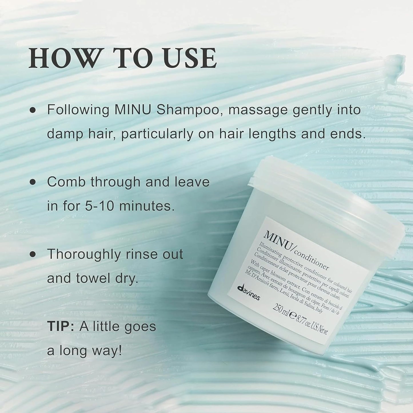 DAVINCI MINU conditioner jar with usage instructions on a light blue background