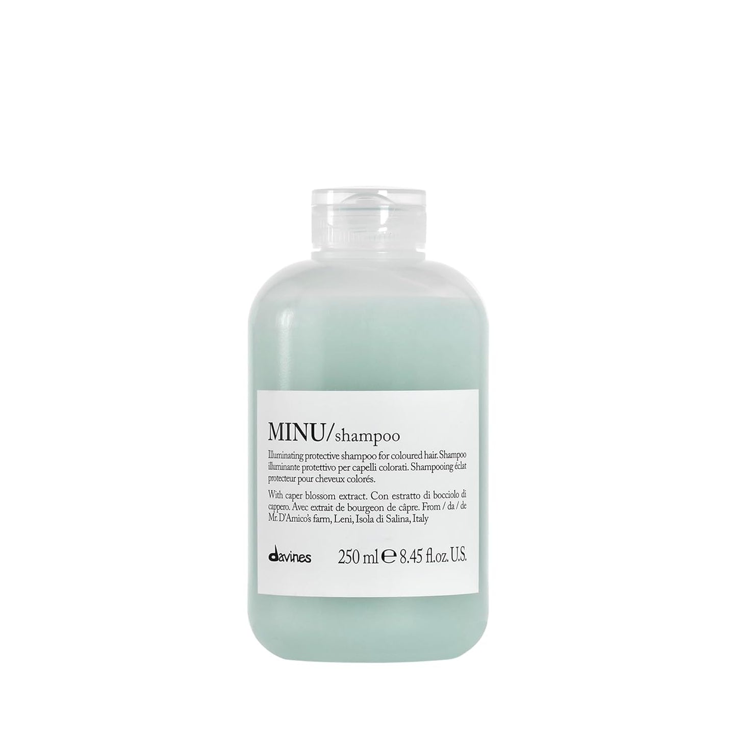 Bottle of Davines Minu shampoo on a white background