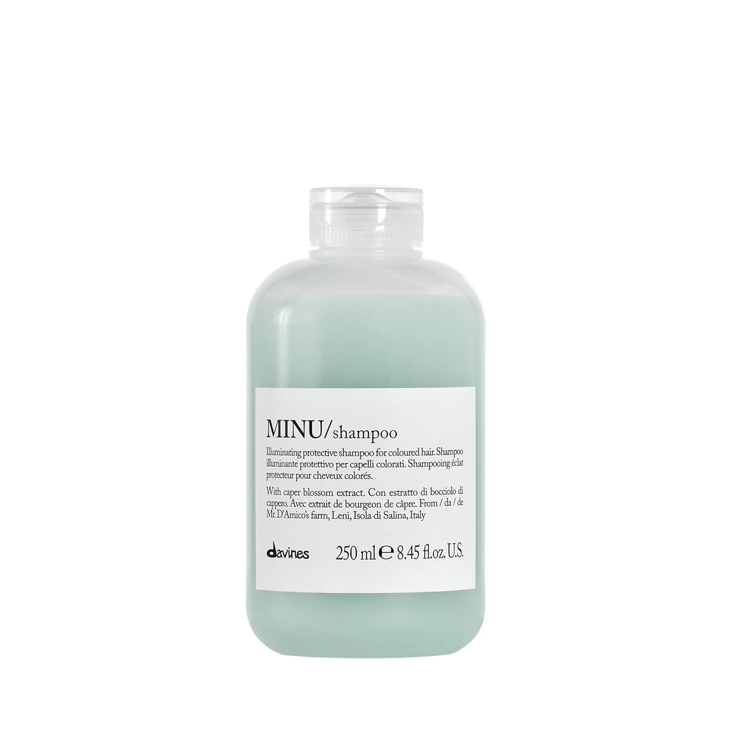 Bottle of Davines Minu shampoo on a white background