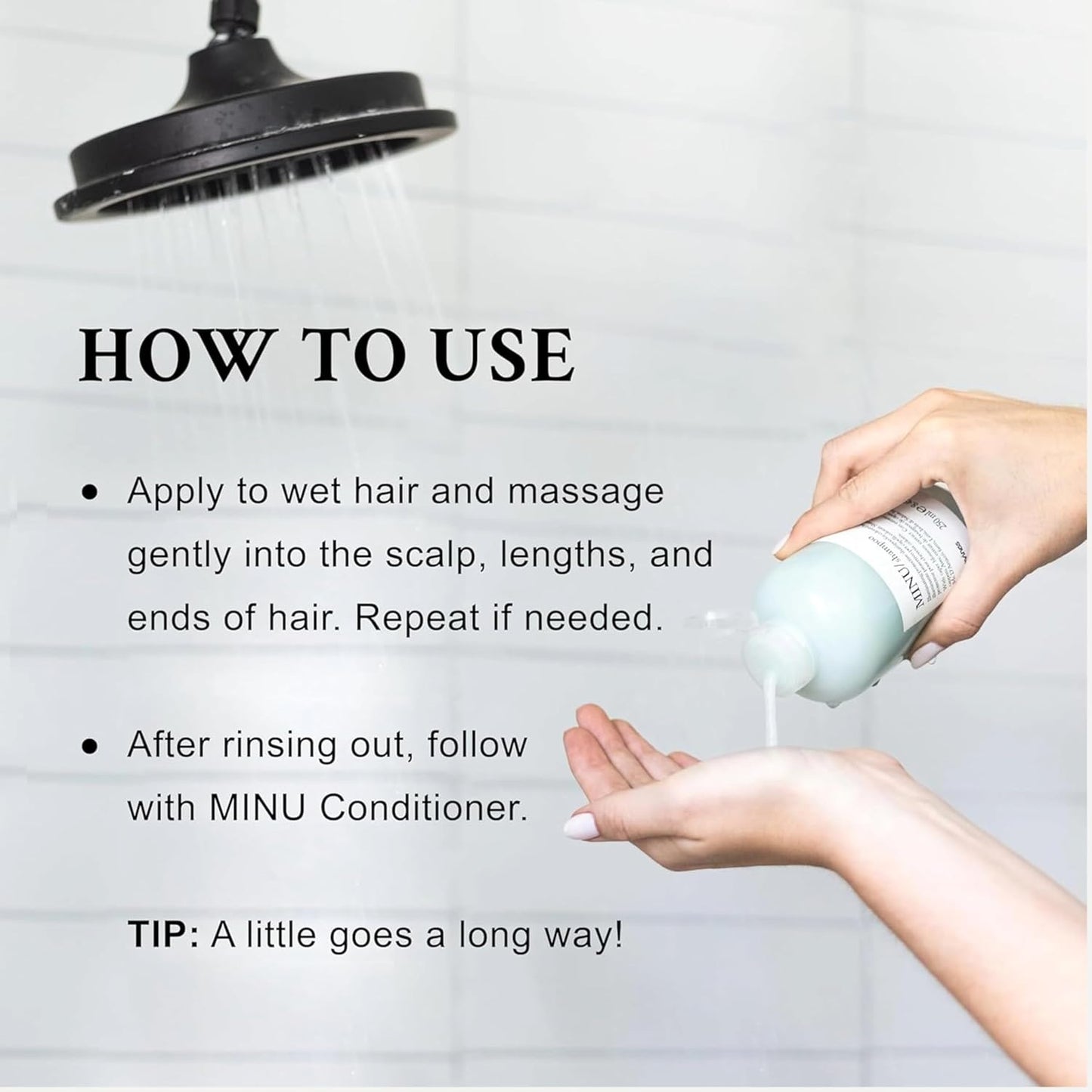 Davines MINU Shampoo. Instructions on how to use a hair care product with text and a person pouring the product into their hand.