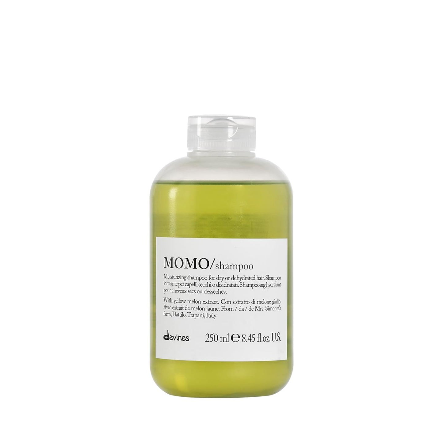 Shampoo bottle labeled 'MOMO/shampoo' by davines on a white background