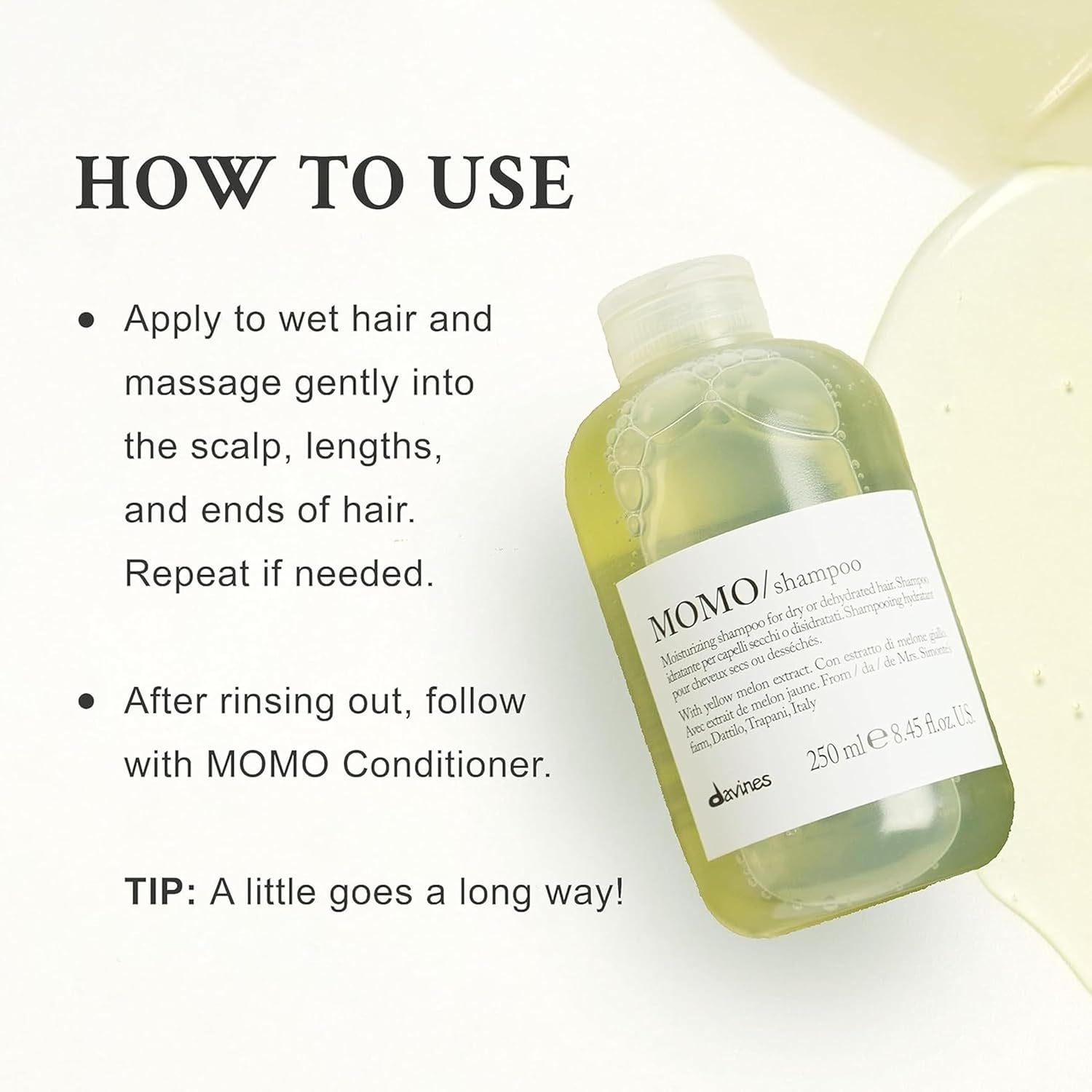 Davines MOMO Shampoo. Bottle of Momo shampoo with usage instructions on a white background
