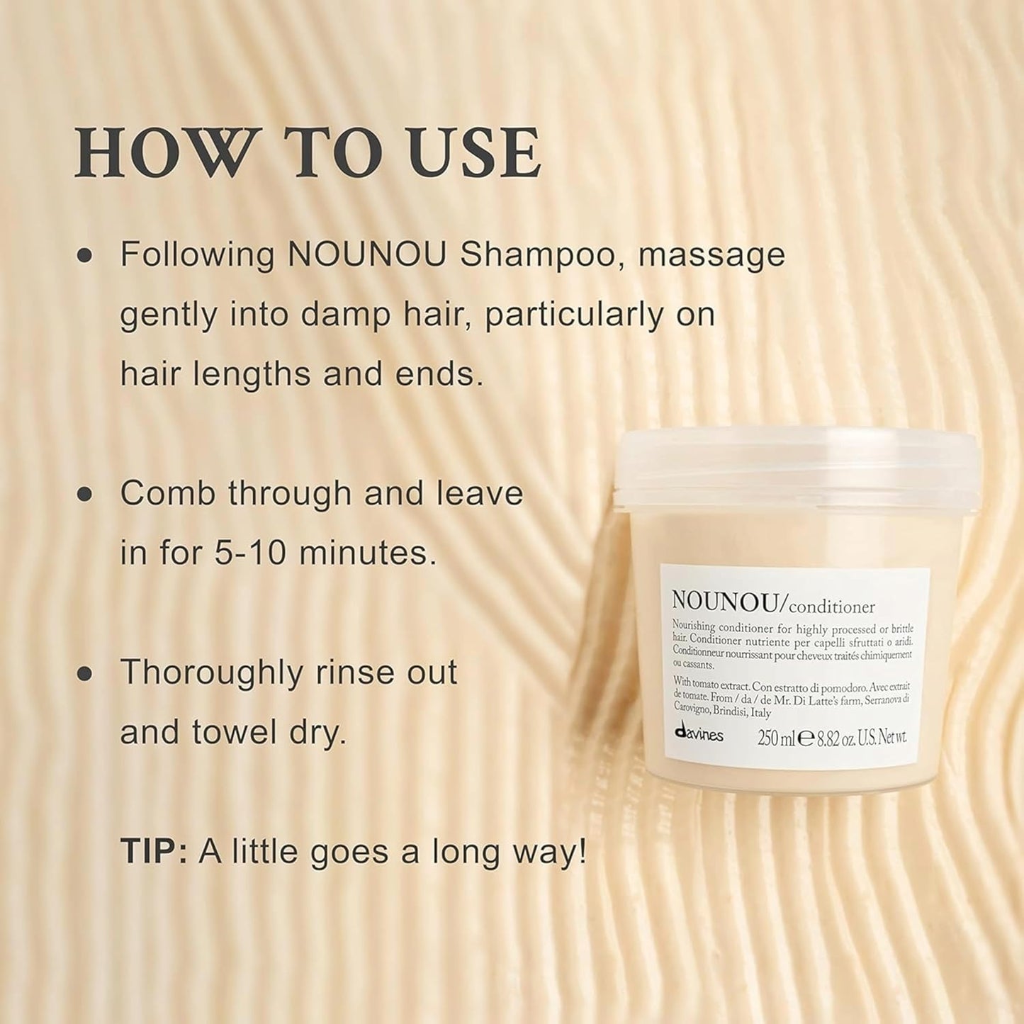 Davines NOUNOU conditioner jar with usage instructions on a wooden background