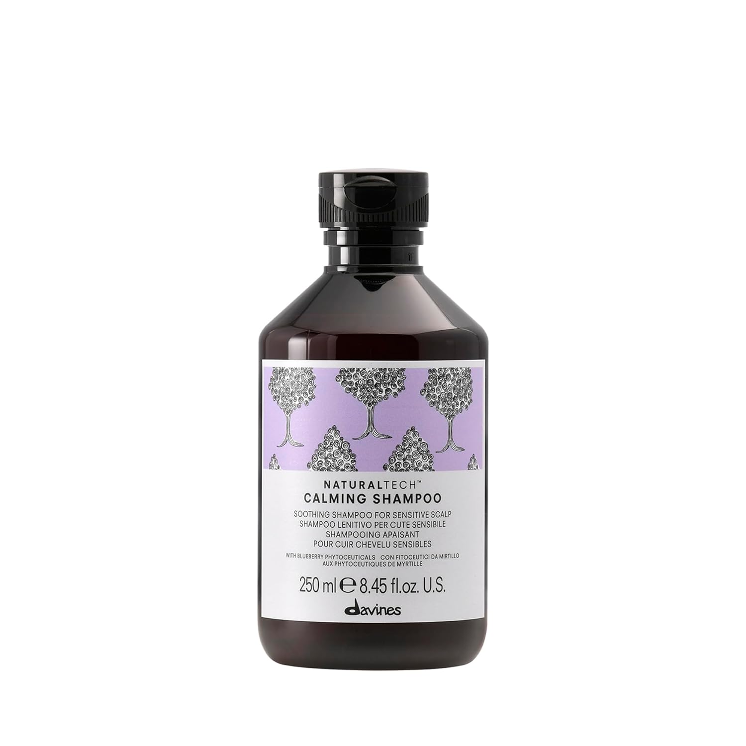 Davines Naturaltech Calming Shampoo. Bottle of Davines shampoo with a white label on a white background