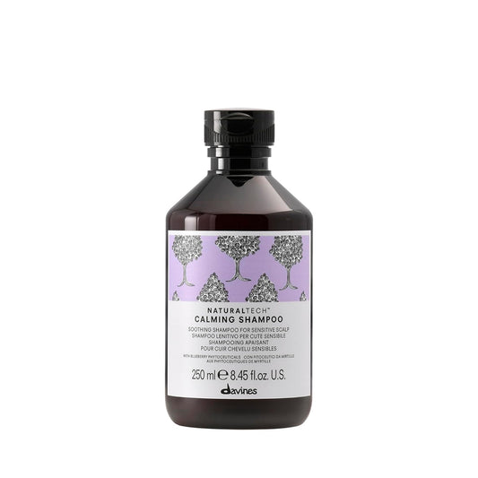 Davines Naturaltech Calming Shampoo. Bottle of Davines shampoo with a white label on a white background