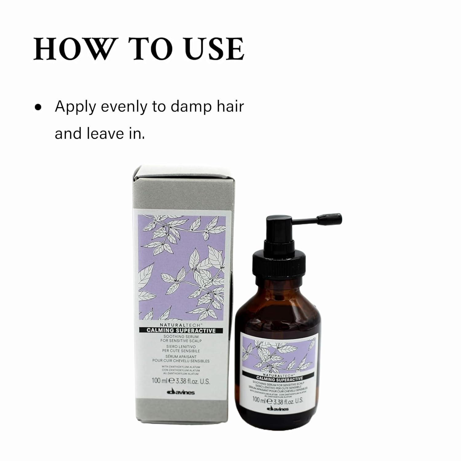 Davines Naturaltech Calming Superactive - How To Use. Hair care product with bottle and box on a white background