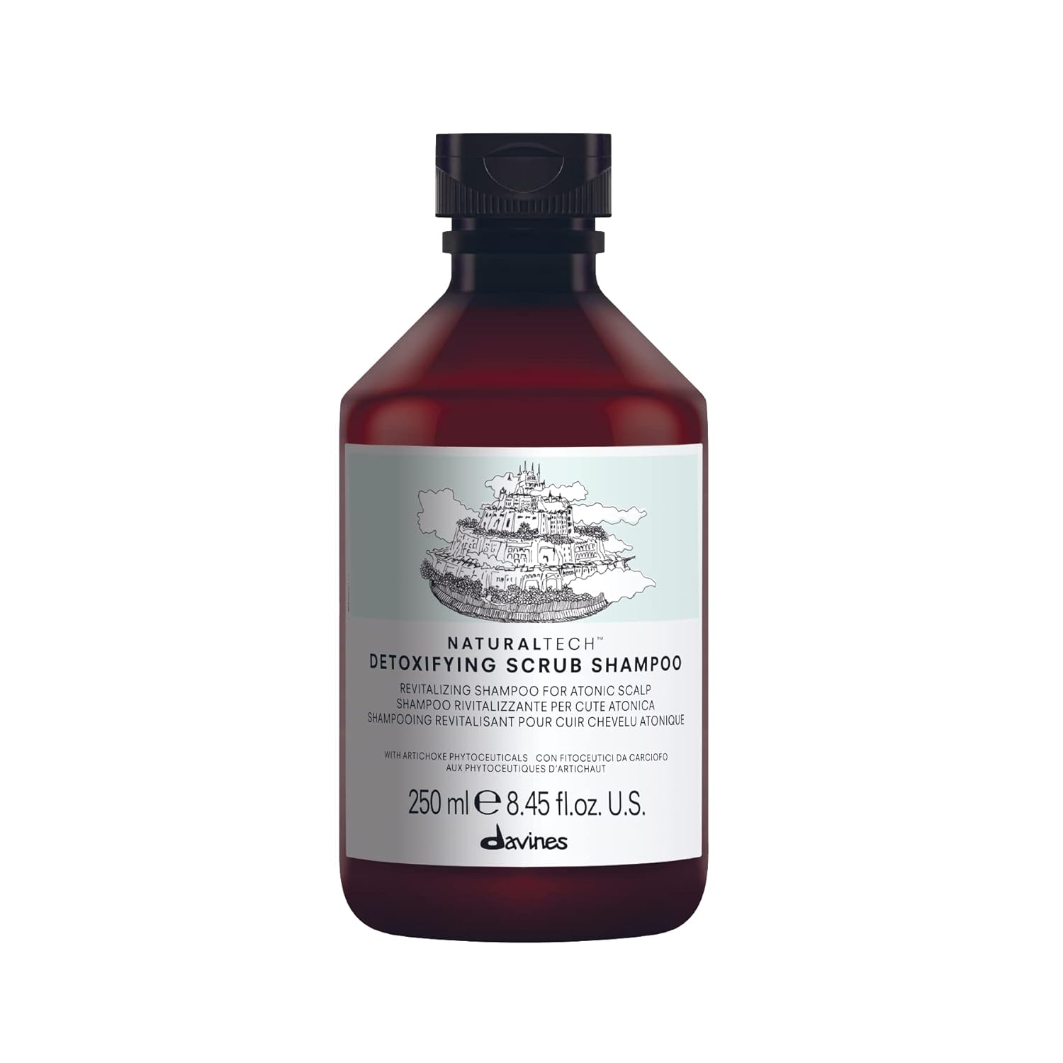 Davines detoxifying scrub shampoo bottle on a white background