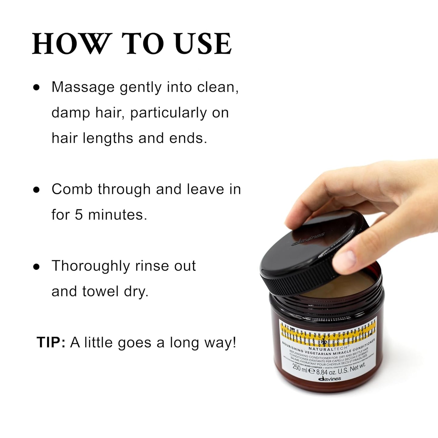 Davines Naturaltech Nourishing Vegetarian Miracle Conditioner. Hair care product with usage instructions on a white background