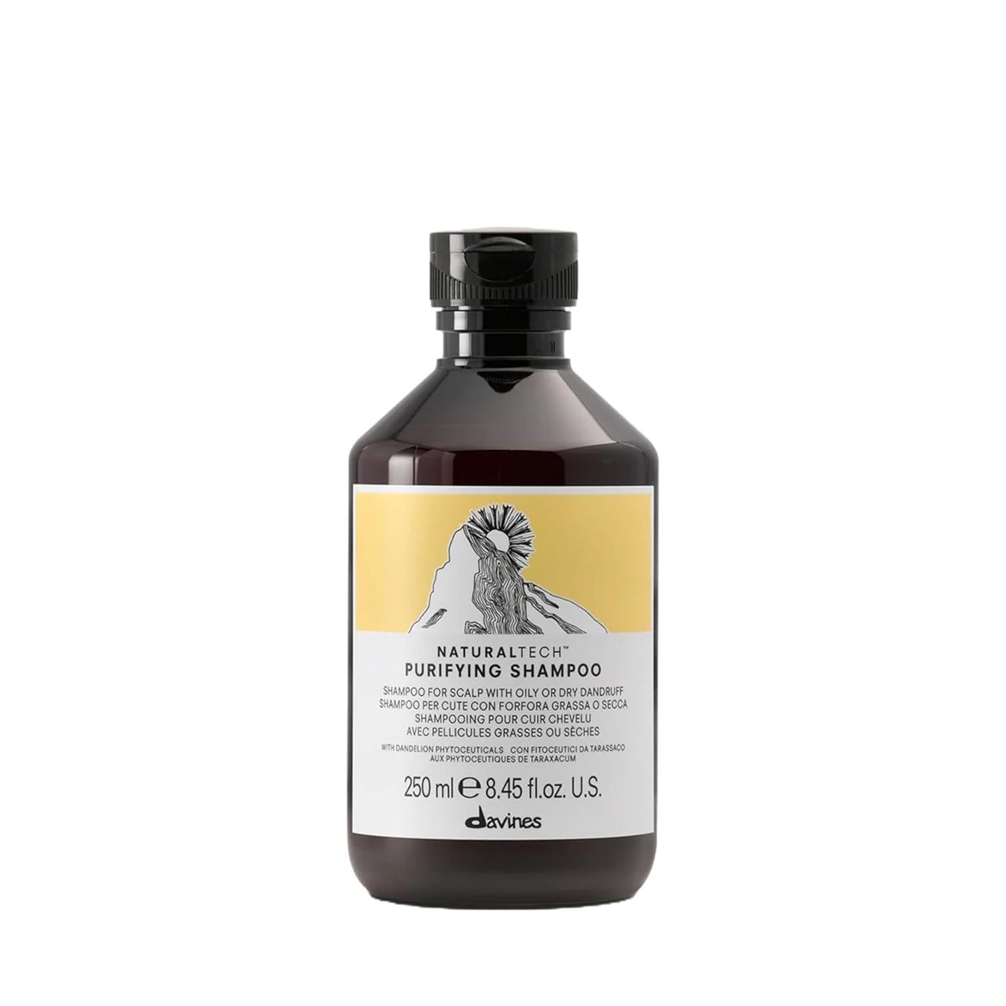 Bottle of Davines Naturaltech Purifying Shampoo with a black cap on a white background