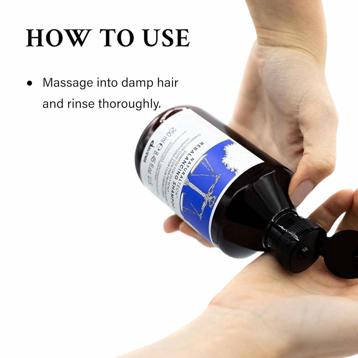 Davines Naturaltech Rebalancing Shampoo. Hand holding a bottle of hair care product with text on how to use it.