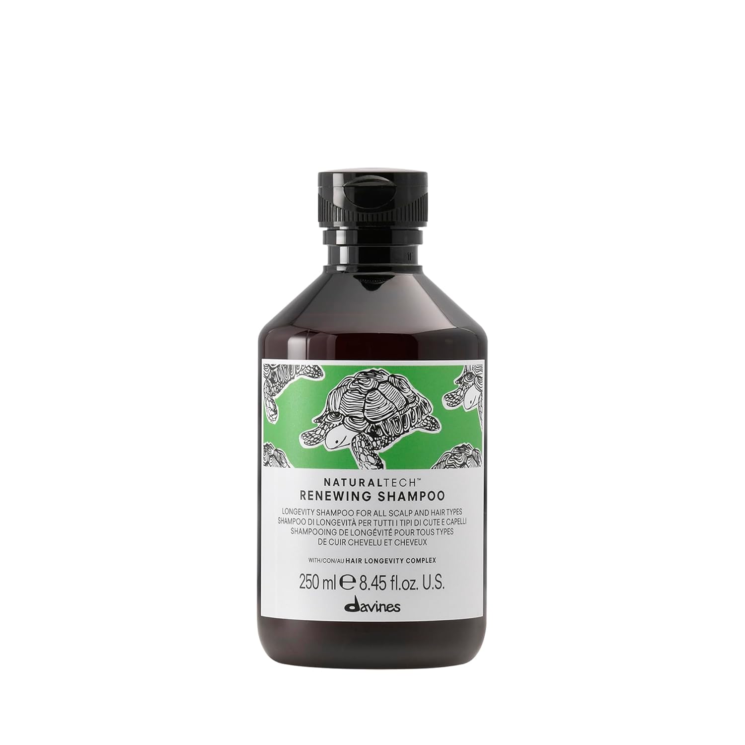 Bottle of Davines Naturaltech Renewing.  Shampoo with a turtle illustration on a white background