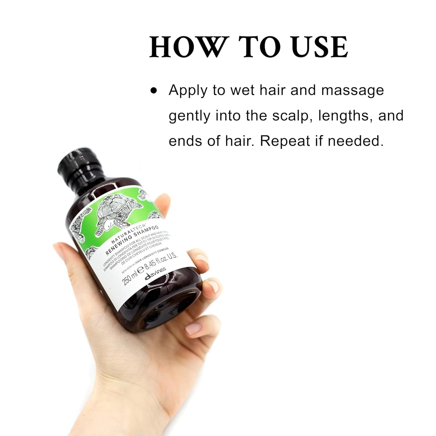 Davines  Naturaltech Renewing Shampoo. Hand holding a bottle of hair care product with usage instructions on a white background