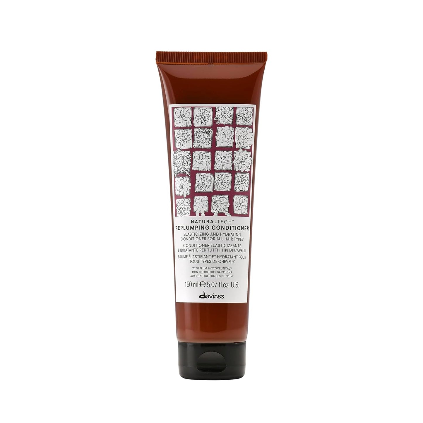 Davines Naturaltech Replumping Conditioner. Brown hair care product tube with label on a white background